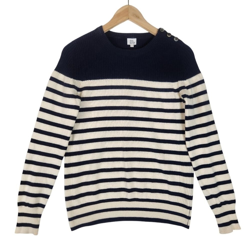 Iris & Ink Sweater Women's Small Navy White Stripe Cashmere Preppy Nautical